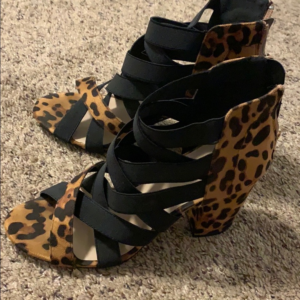 Vegan Suede Leopard Elastic Strap Block Heels